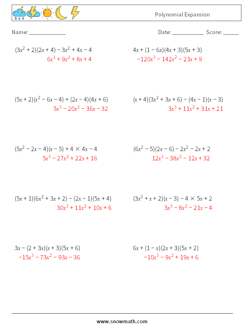 Polynomial Expansion Math Worksheets 8 Question, Answer