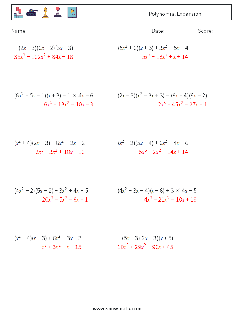 Polynomial Expansion Math Worksheets 9 Question, Answer