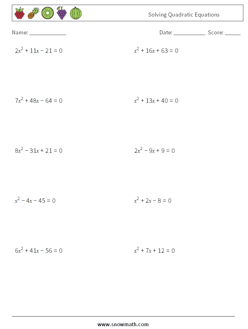 Solving Quadratic Equations Math Worksheets Math Practice For Kids 