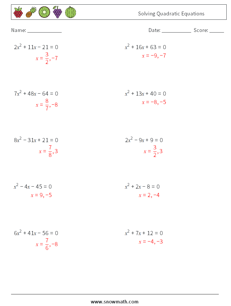 Solving Quadratic Equations Math Worksheets 1 Question, Answer