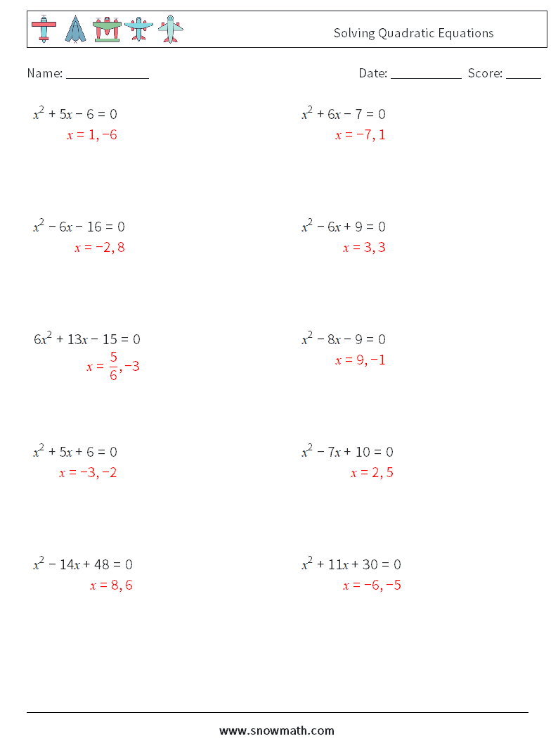 Solving Quadratic Equations Math Worksheets 4 Question, Answer