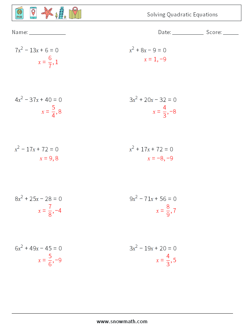 Solving Quadratic Equations Math Worksheets 5 Question, Answer