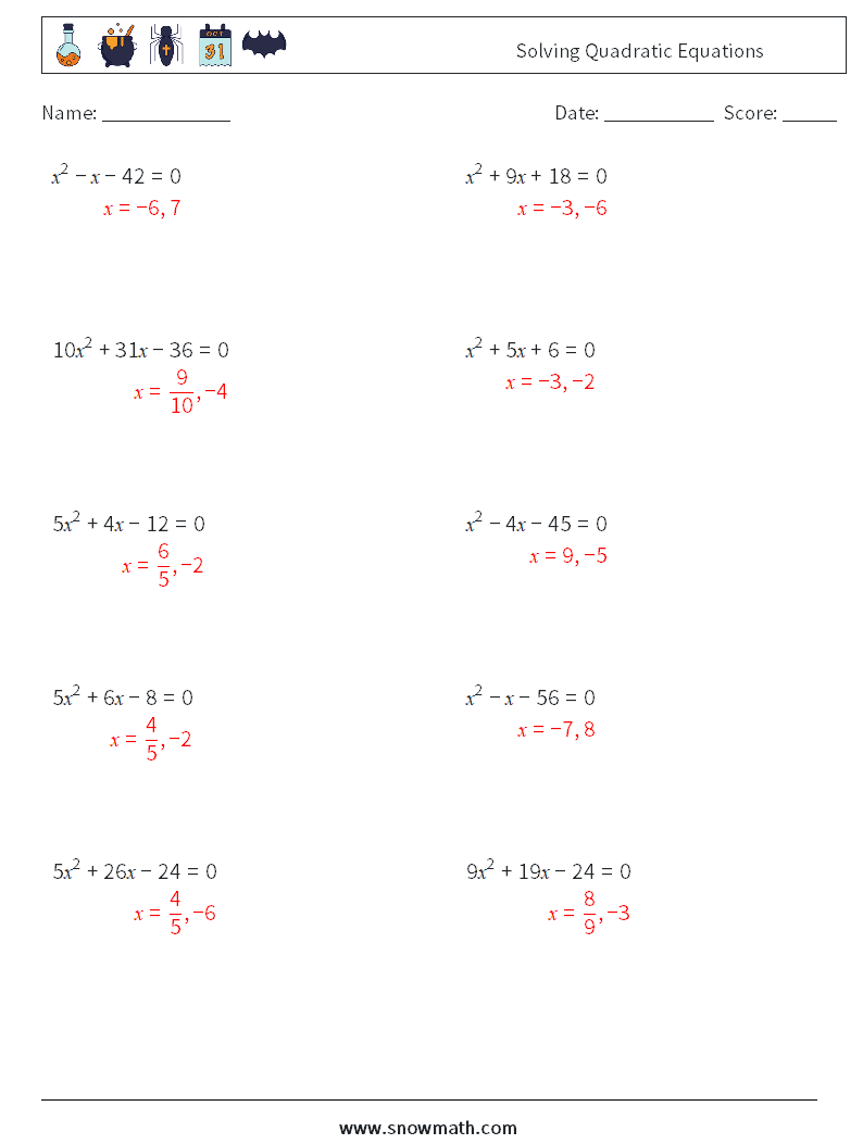 Solving Quadratic Equations Math Worksheets 9 Question, Answer