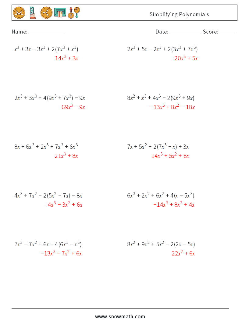 Simplifying Polynomials Math Worksheets 1 Question, Answer