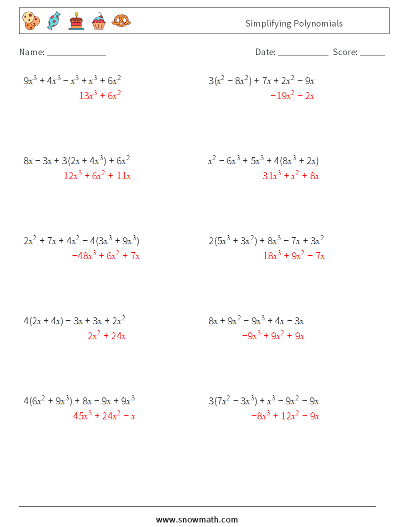 Simplifying Polynomials Math Worksheets 2 Question, Answer