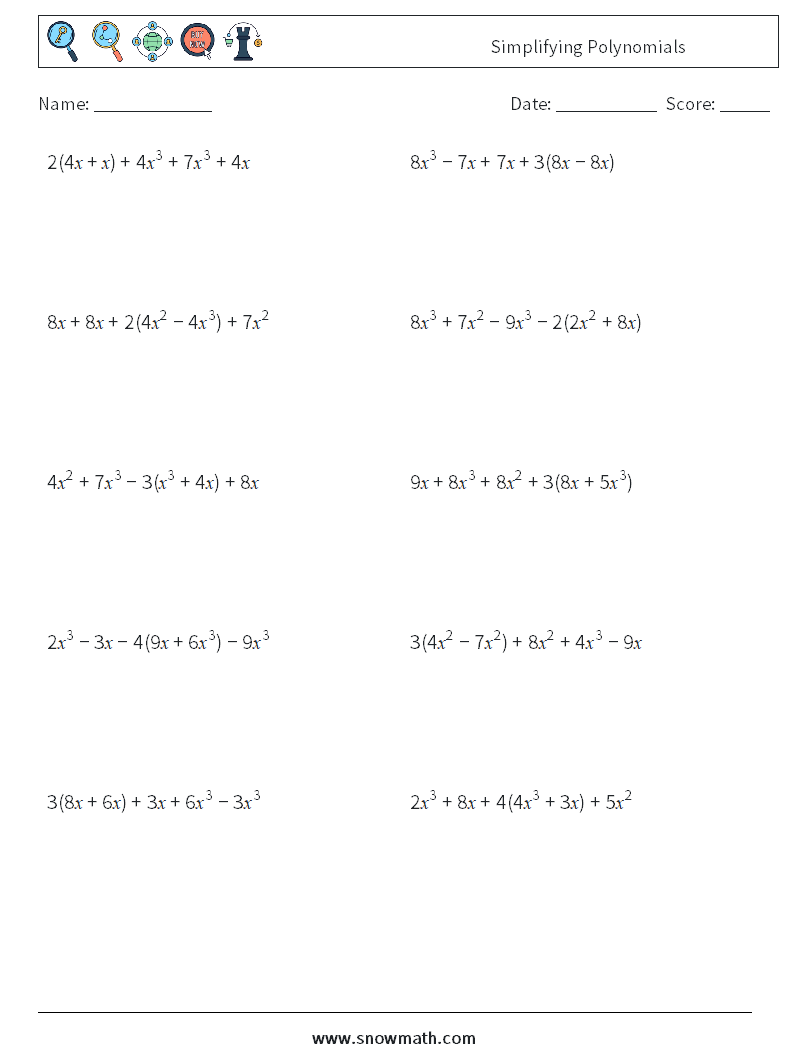 Simplifying Polynomials Maths Worksheets 3