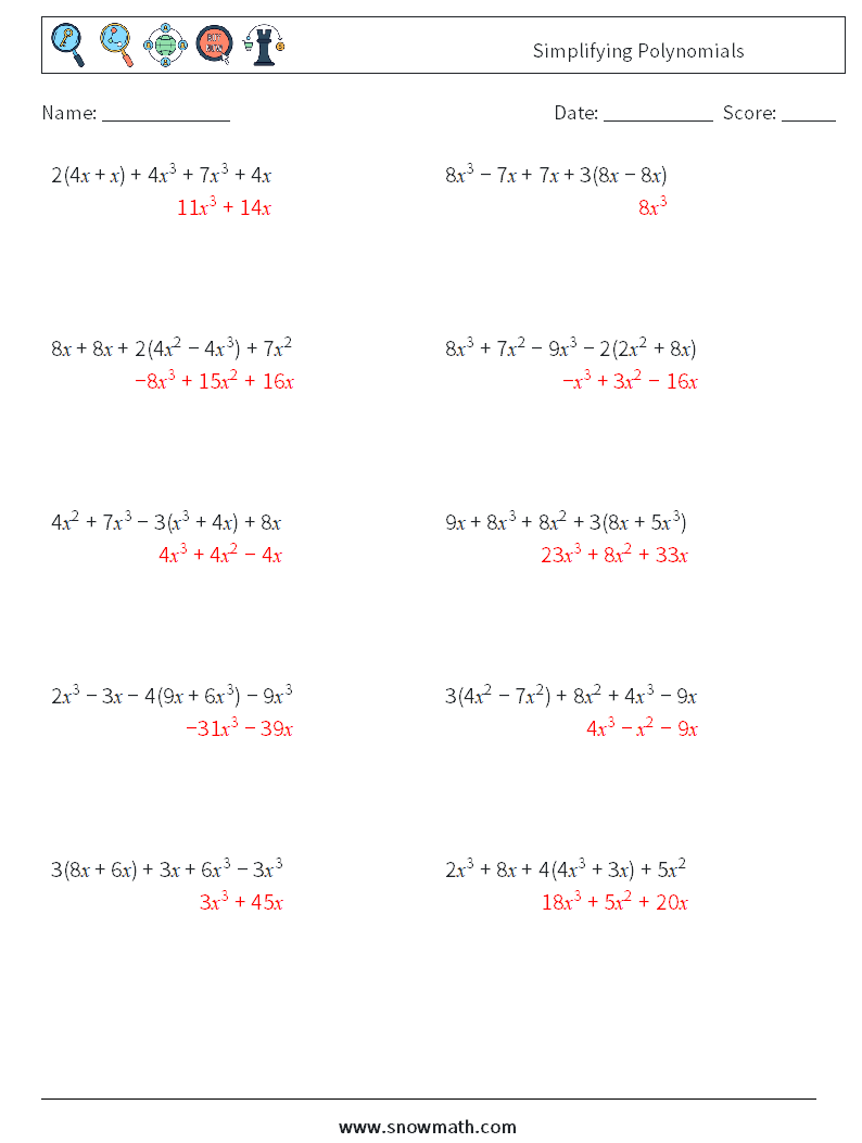 Simplifying Polynomials Math Worksheets 3 Question, Answer