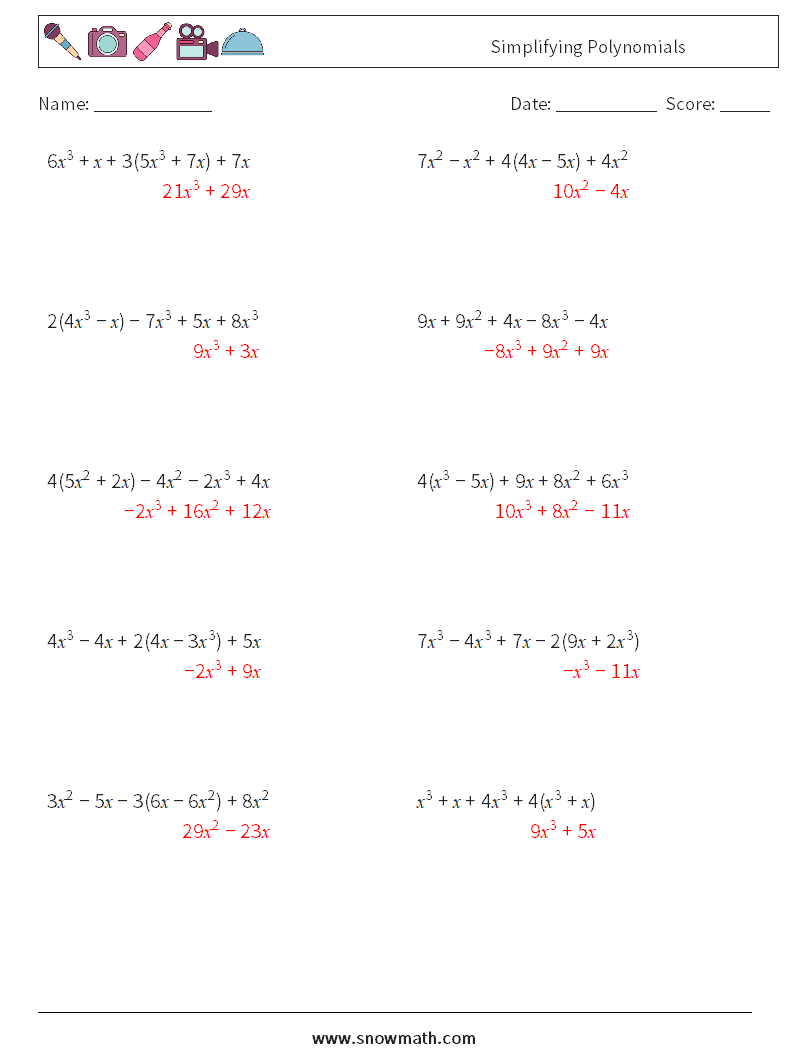 Simplifying Polynomials Math Worksheets 4 Question, Answer