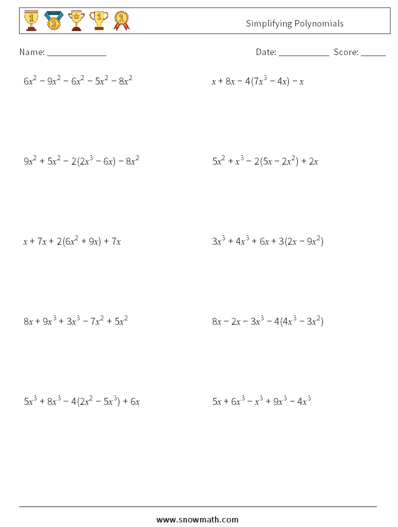 Simplifying Polynomials Math Worksheets 5