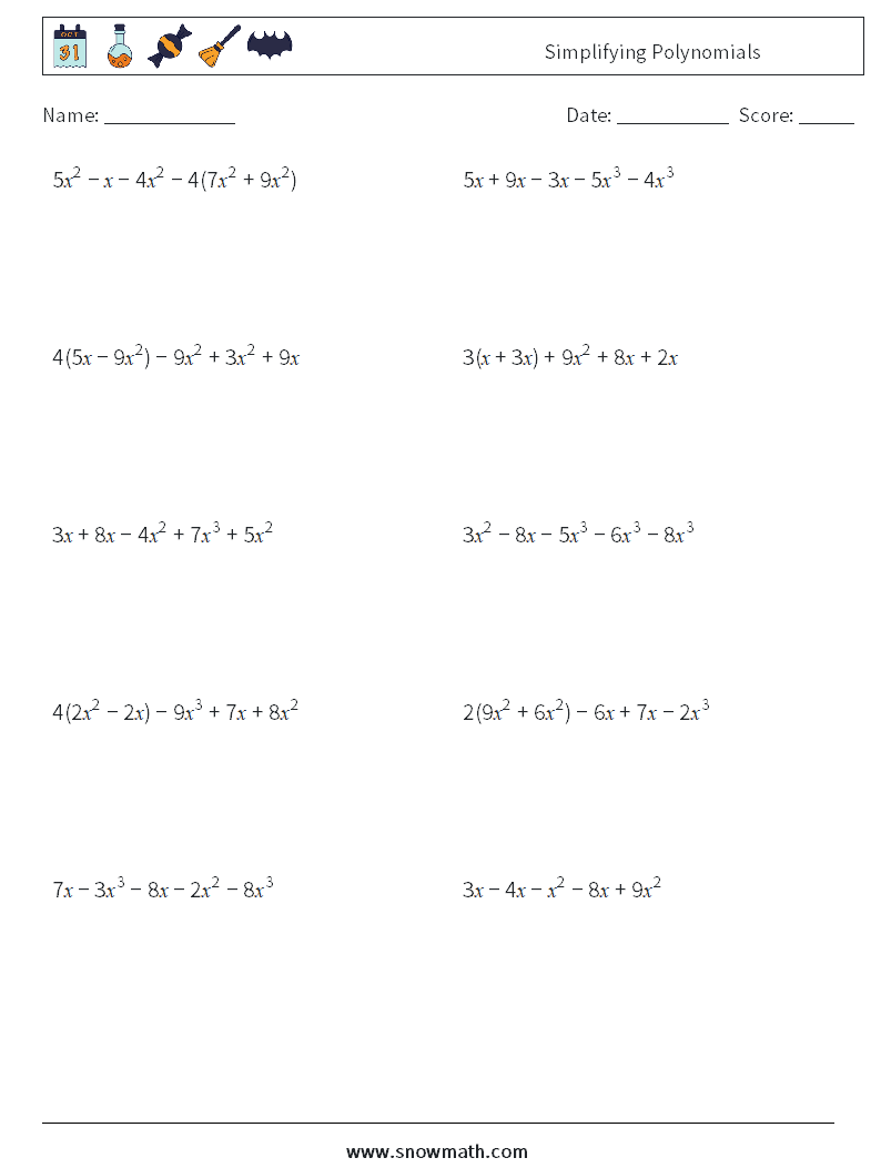 Simplifying Polynomials Maths Worksheets 6