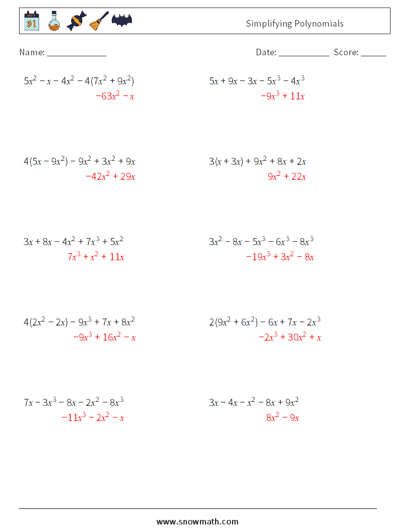 Simplifying Polynomials Math Worksheets 6 Question, Answer