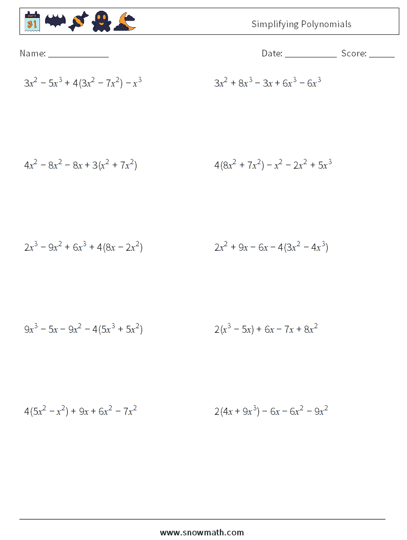 Simplifying Polynomials Math Worksheets 7