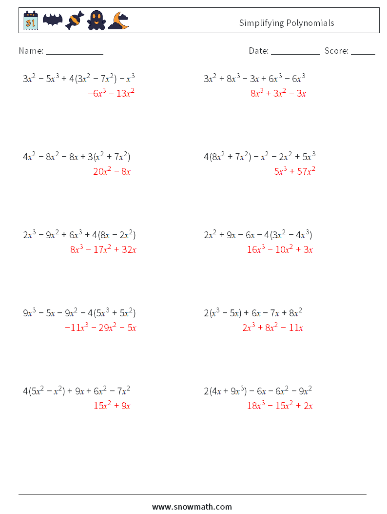 Simplifying Polynomials Math Worksheets 7 Question, Answer