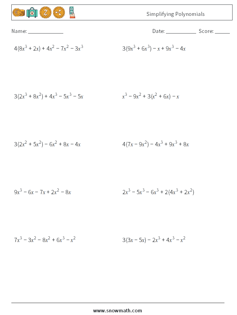 Simplifying Polynomials Math Worksheets 8