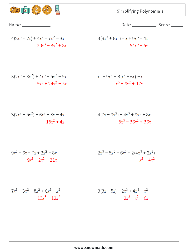Simplifying Polynomials Math Worksheets 8 Question, Answer
