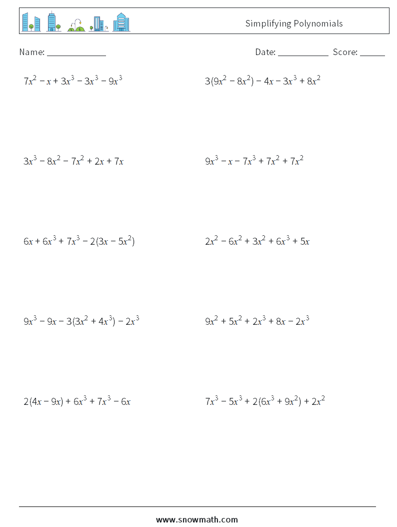 Simplifying Polynomials Math Worksheets 9
