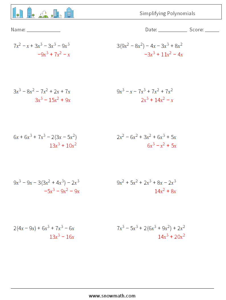 Simplifying Polynomials Math Worksheets 9 Question, Answer