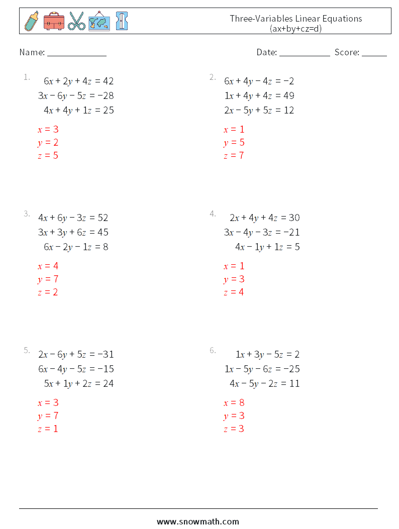 Three-Variables Linear Equations (ax+by+cz=d) Math Worksheets 10 Question, Answer