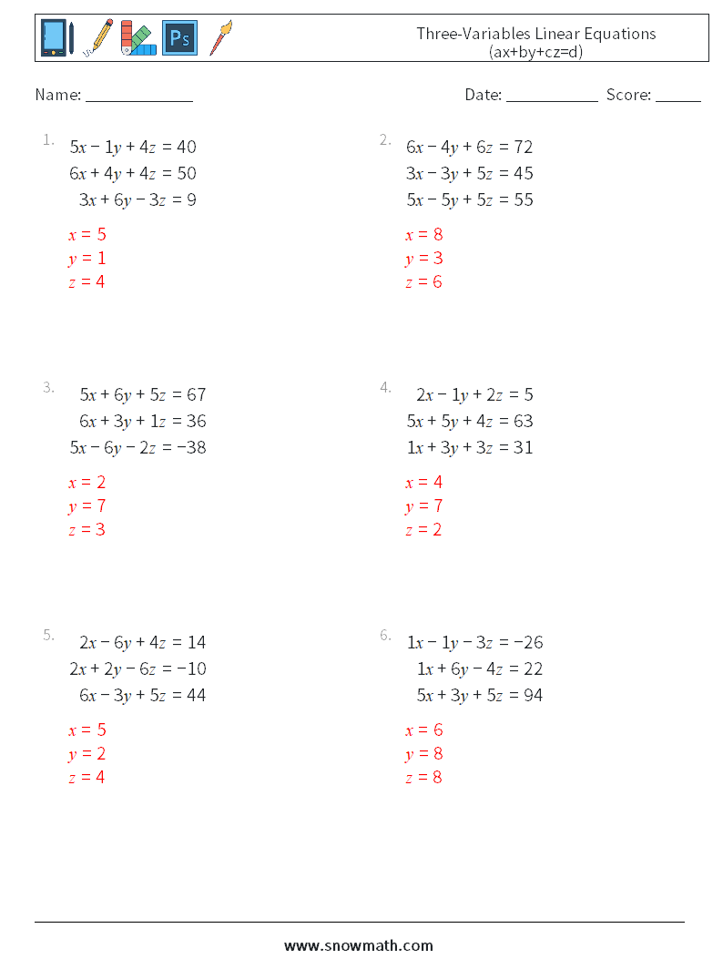 Three-Variables Linear Equations (ax+by+cz=d) Math Worksheets 15 Question, Answer