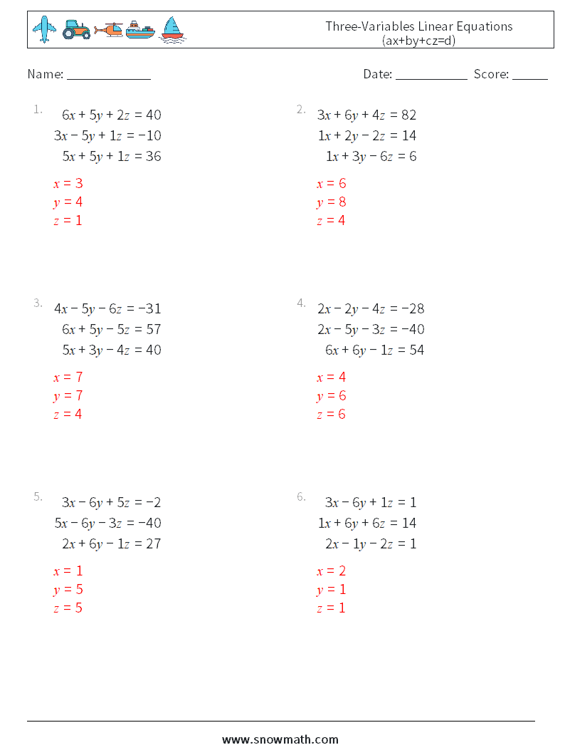 Three-Variables Linear Equations (ax+by+cz=d) Math Worksheets 18 Question, Answer