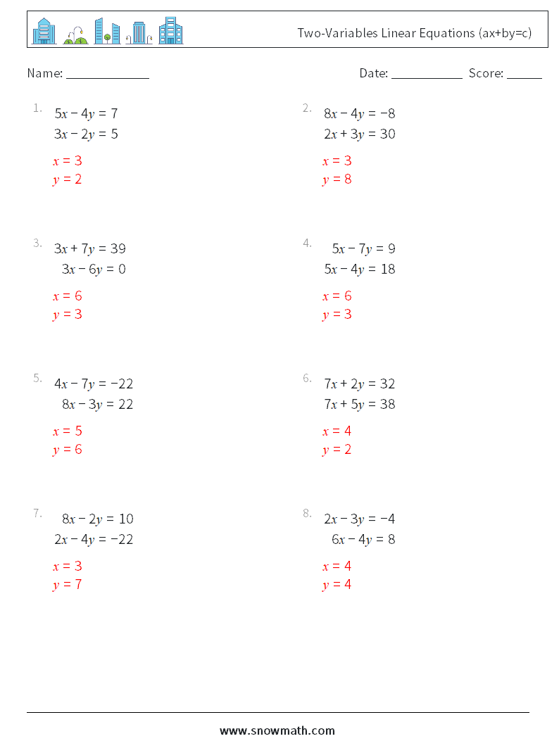 Two-Variables Linear Equations (ax+by=c) Math Worksheets 10 Question, Answer