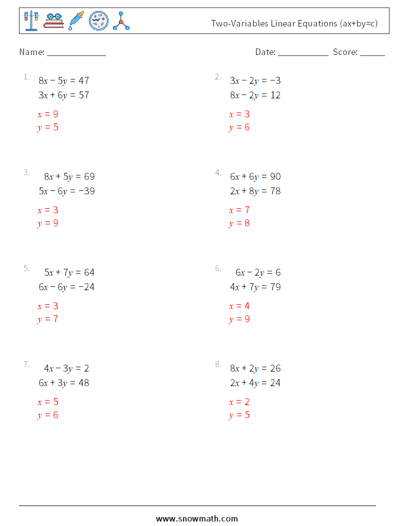 Two-Variables Linear Equations (ax+by=c) Math Worksheets 12 Question, Answer