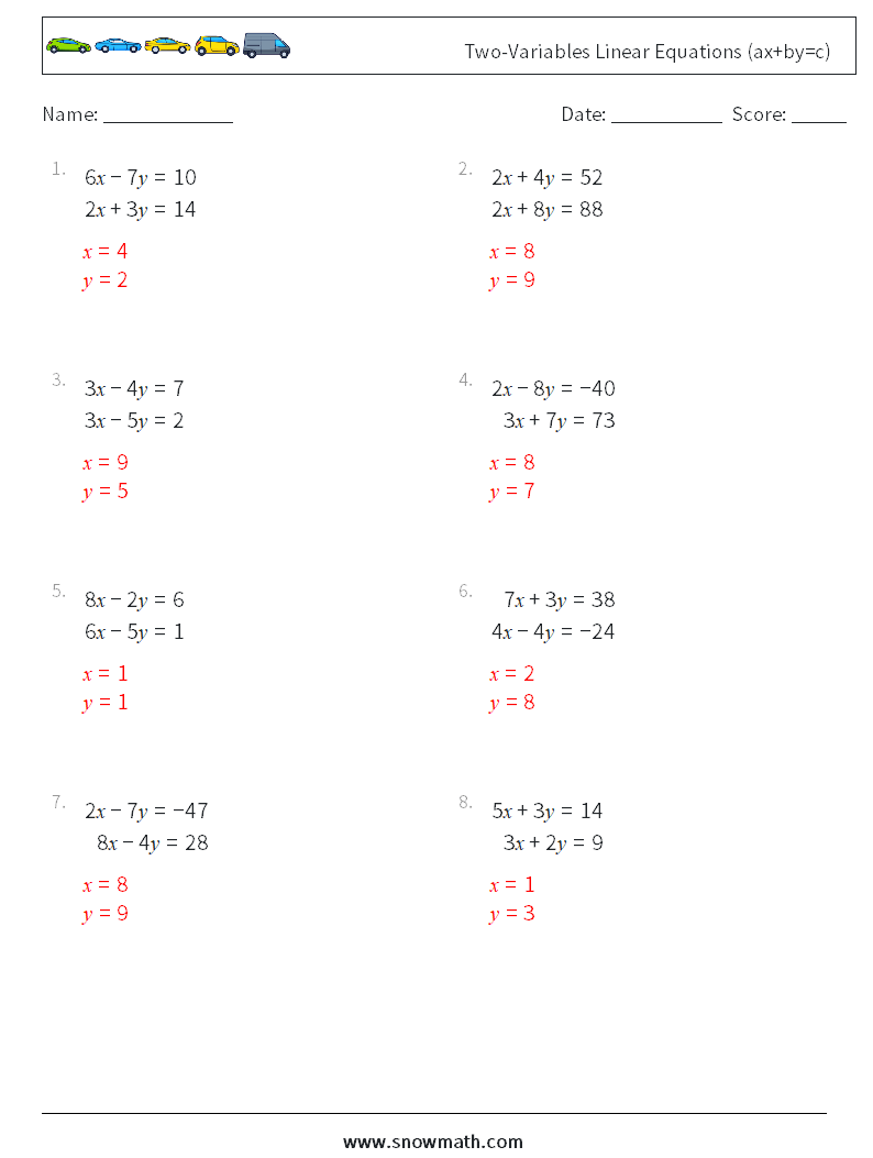 Two-Variables Linear Equations (ax+by=c) Math Worksheets 13 Question, Answer