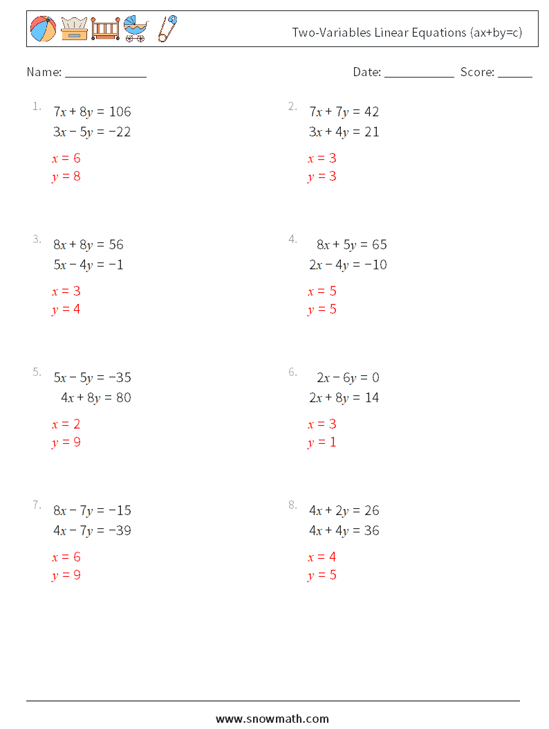 Two-Variables Linear Equations (ax+by=c) Math Worksheets 14 Question, Answer
