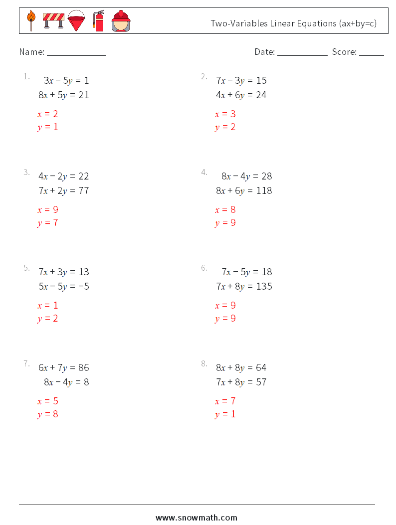 Two-Variables Linear Equations (ax+by=c) Math Worksheets 17 Question, Answer