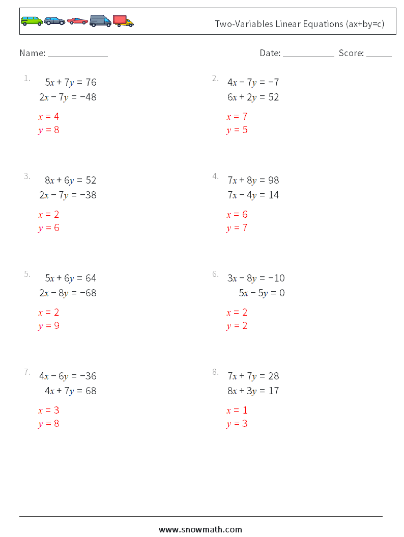 Two-Variables Linear Equations (ax+by=c) Math Worksheets 18 Question, Answer