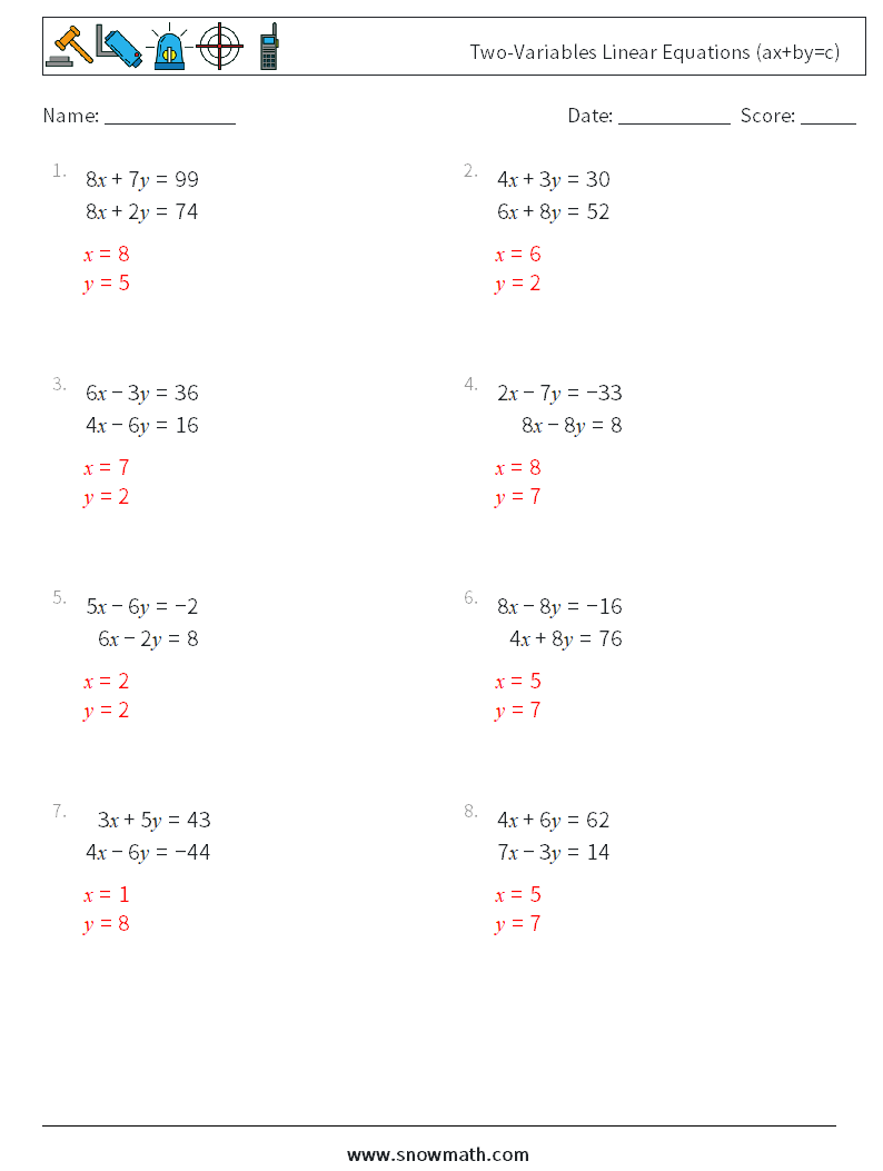Two-Variables Linear Equations (ax+by=c) Math Worksheets 1 Question, Answer