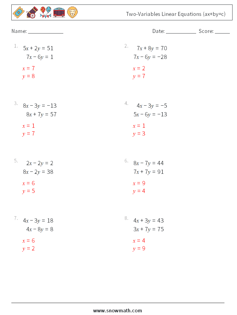 Two-Variables Linear Equations (ax+by=c) Math Worksheets 3 Question, Answer