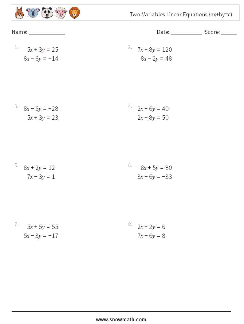 Two-Variables Linear Equations (ax+by=c) Maths Worksheets 4