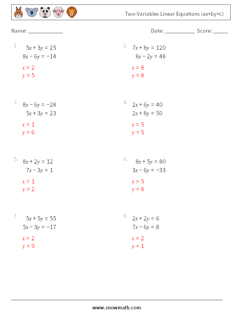 Two-Variables Linear Equations (ax+by=c) Math Worksheets 4 Question, Answer