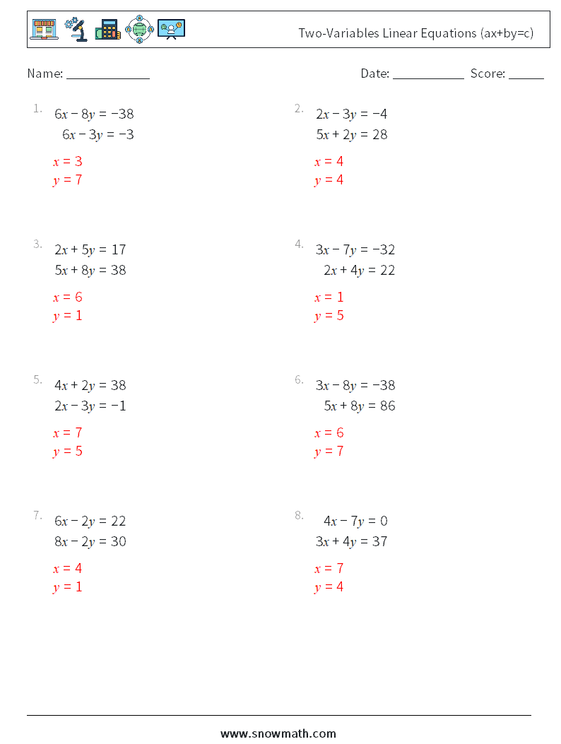 Two-Variables Linear Equations (ax+by=c) Math Worksheets 5 Question, Answer