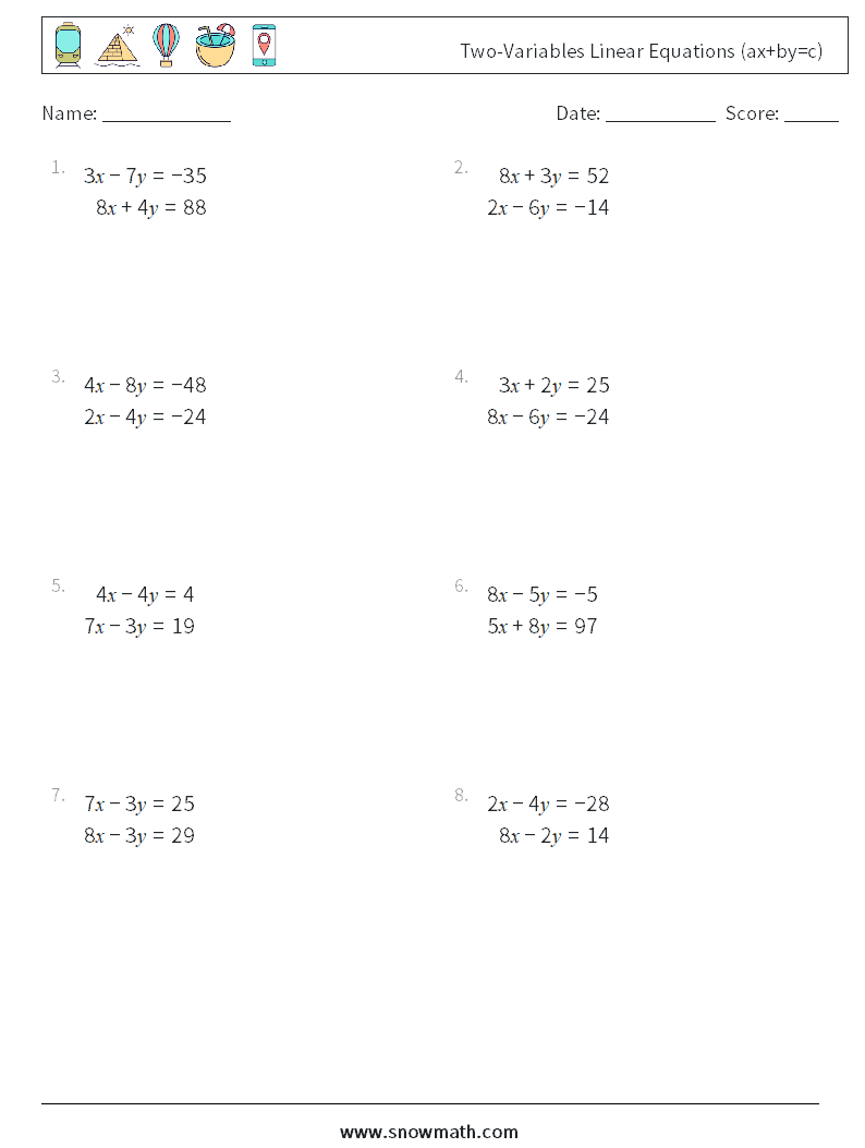 Two-Variables Linear Equations (ax+by=c) Maths Worksheets 6