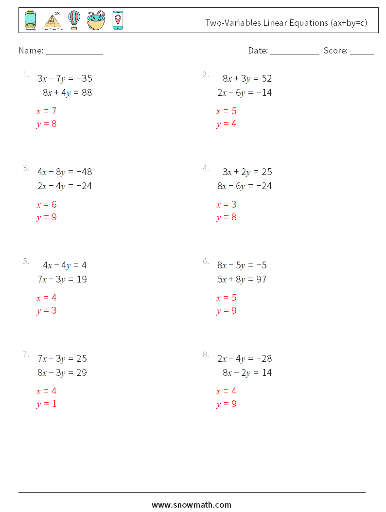 Two-Variables Linear Equations (ax+by=c) Math Worksheets 6 Question, Answer