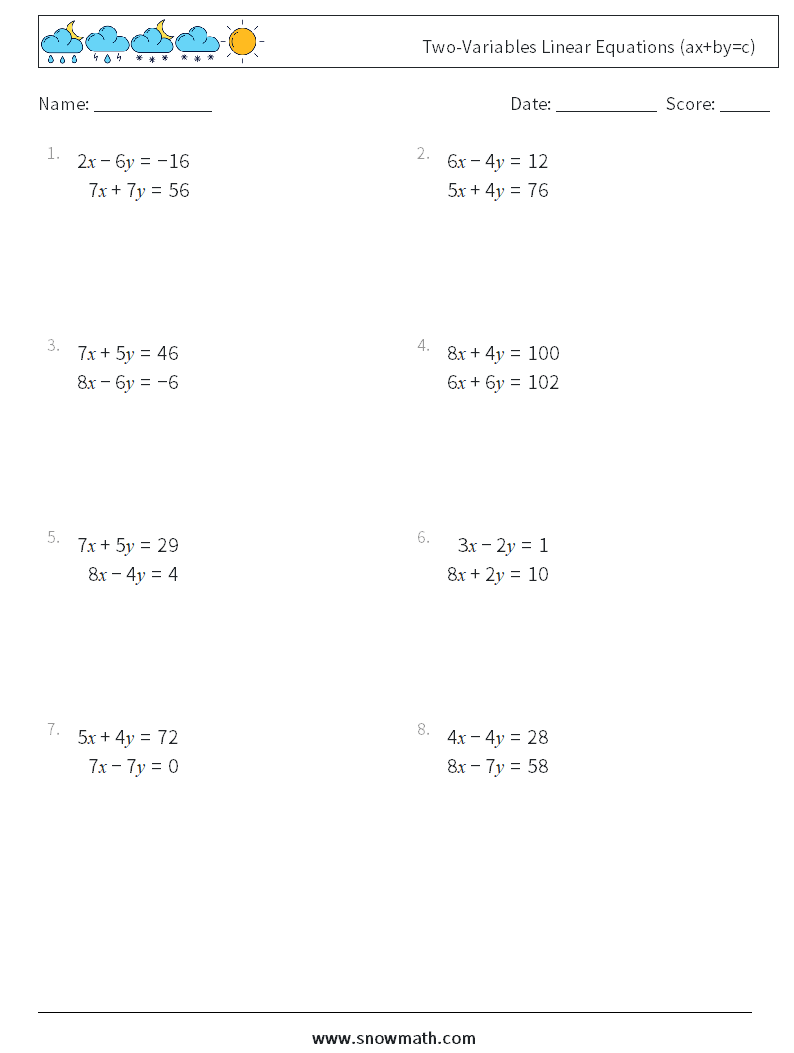 Two-Variables Linear Equations (ax+by=c) Math Worksheets 7