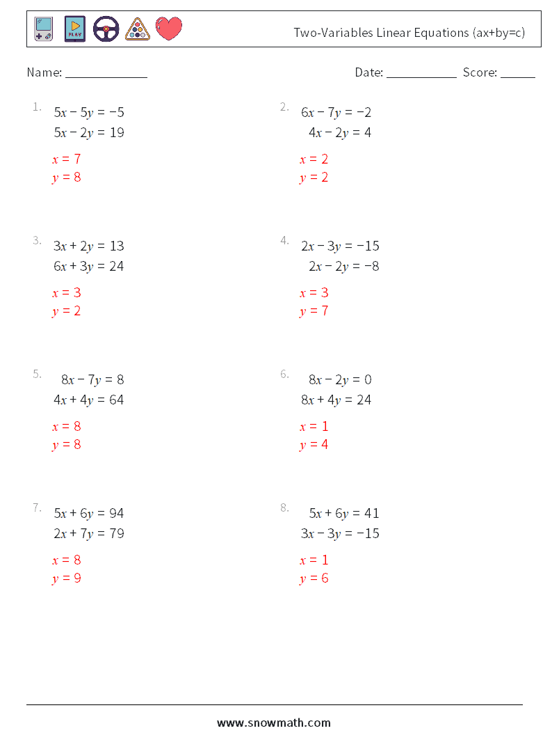 Two-Variables Linear Equations (ax+by=c) Math Worksheets 9 Question, Answer