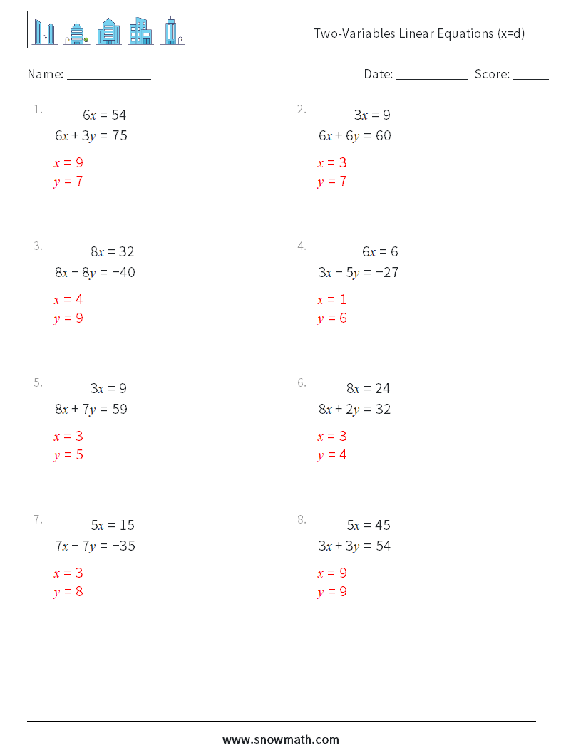 Two-Variables Linear Equations (x=d) Math Worksheets 18 Question, Answer