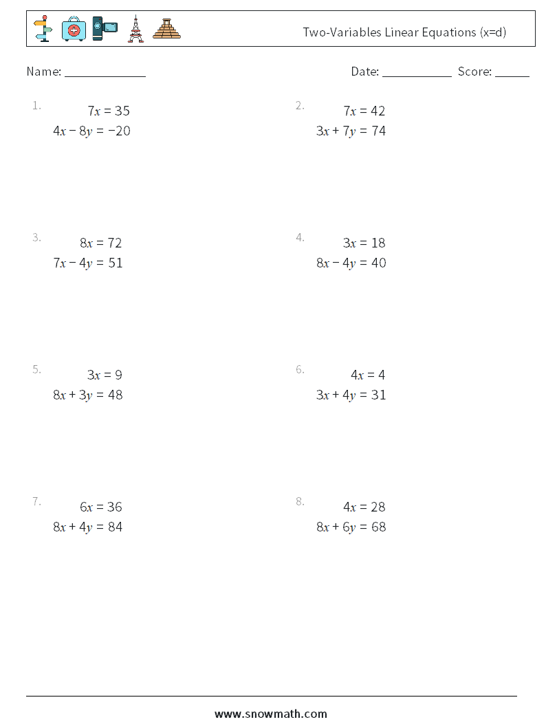 Two-Variables Linear Equations (x=d) Maths Worksheets 6