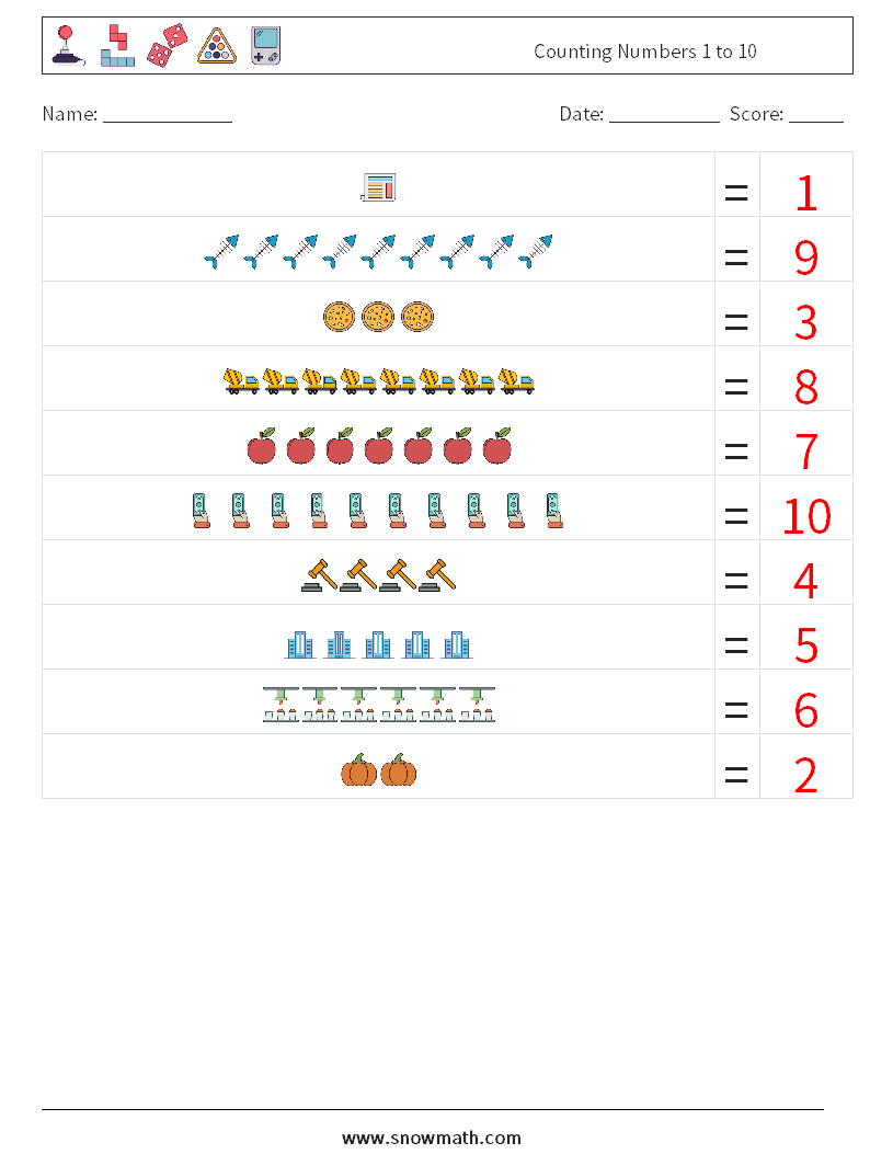 Counting Numbers 1 to 10 Math Worksheets 11 Question, Answer