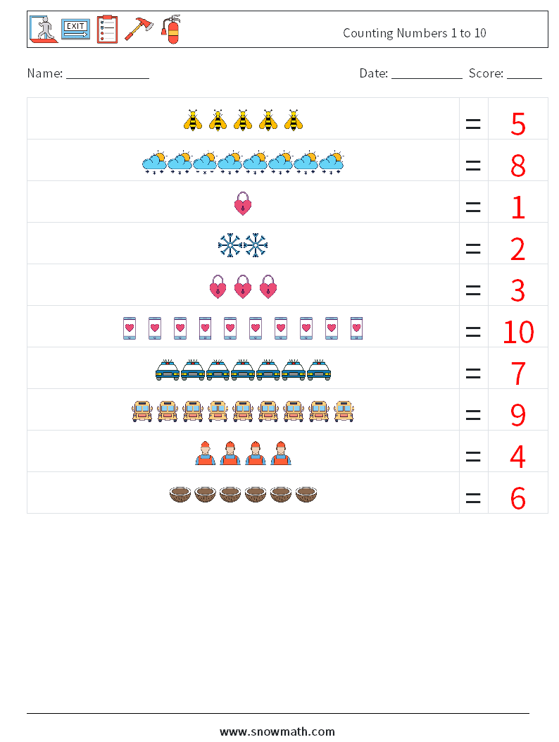 Counting Numbers 1 to 10 Math Worksheets 16 Question, Answer