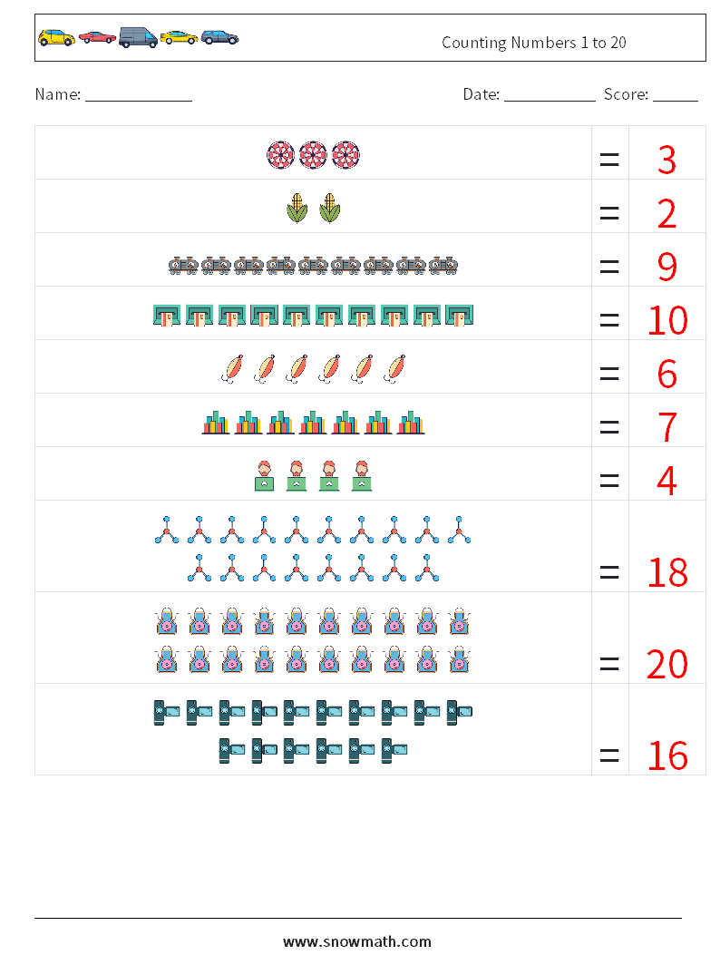 Counting Numbers 1 to 20 Math Worksheets 12 Question, Answer