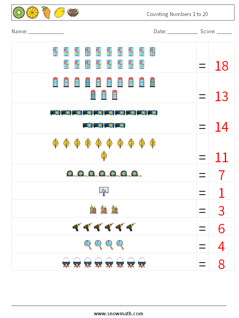 Counting Numbers 1 to 20 Math Worksheets 16 Question, Answer