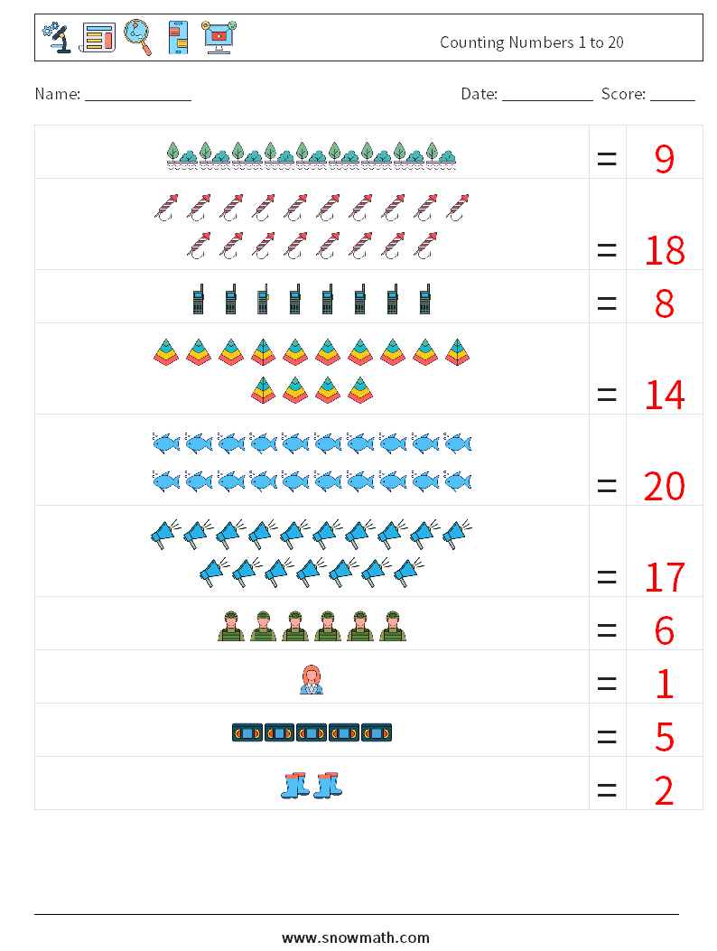 Counting Numbers 1 to 20 Math Worksheets 17 Question, Answer