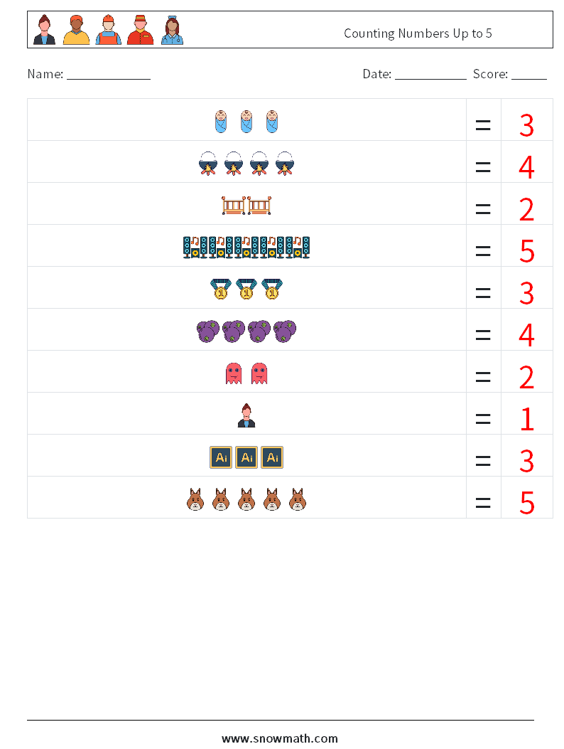 Counting Numbers Up to 5 Math Worksheets 10 Question, Answer