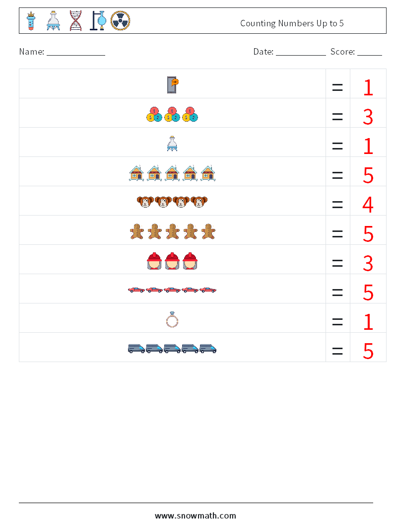 Counting Numbers Up to 5 Math Worksheets 14 Question, Answer