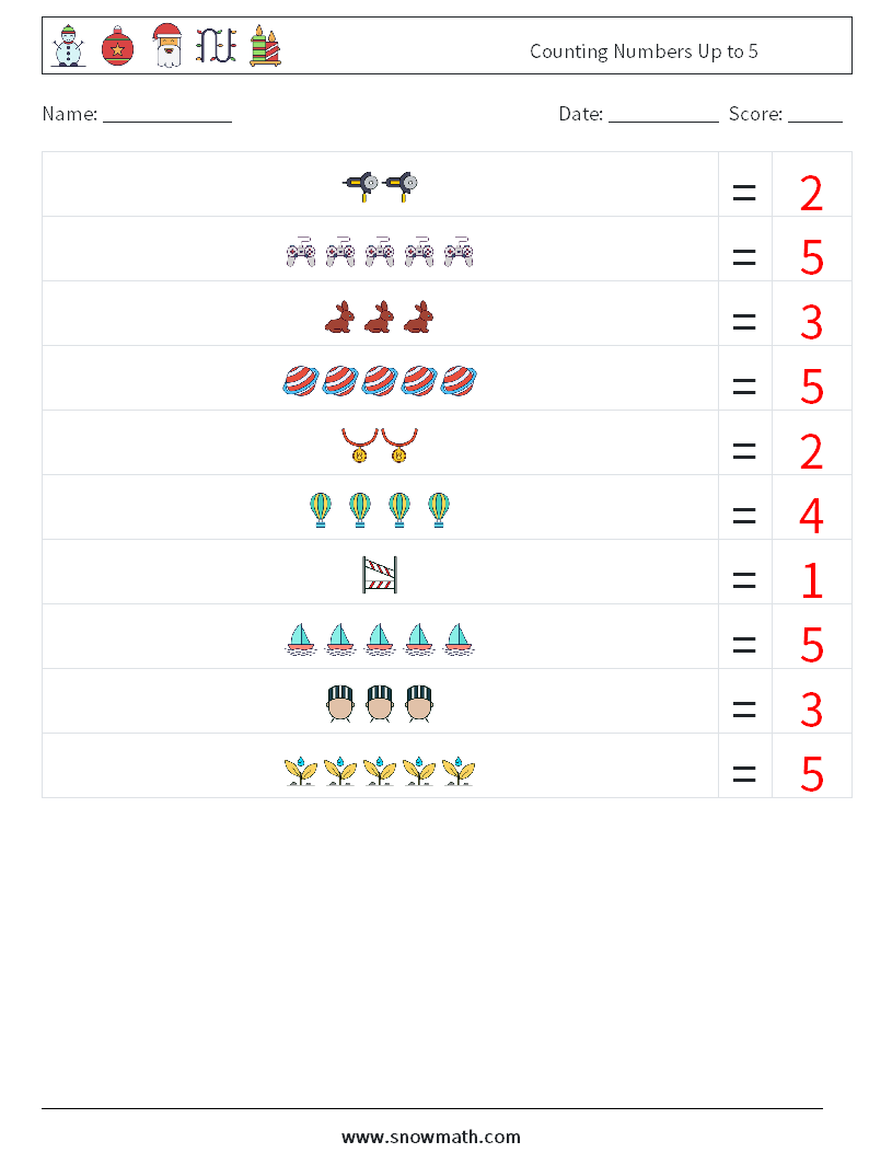 Counting Numbers Up to 5 Math Worksheets 15 Question, Answer