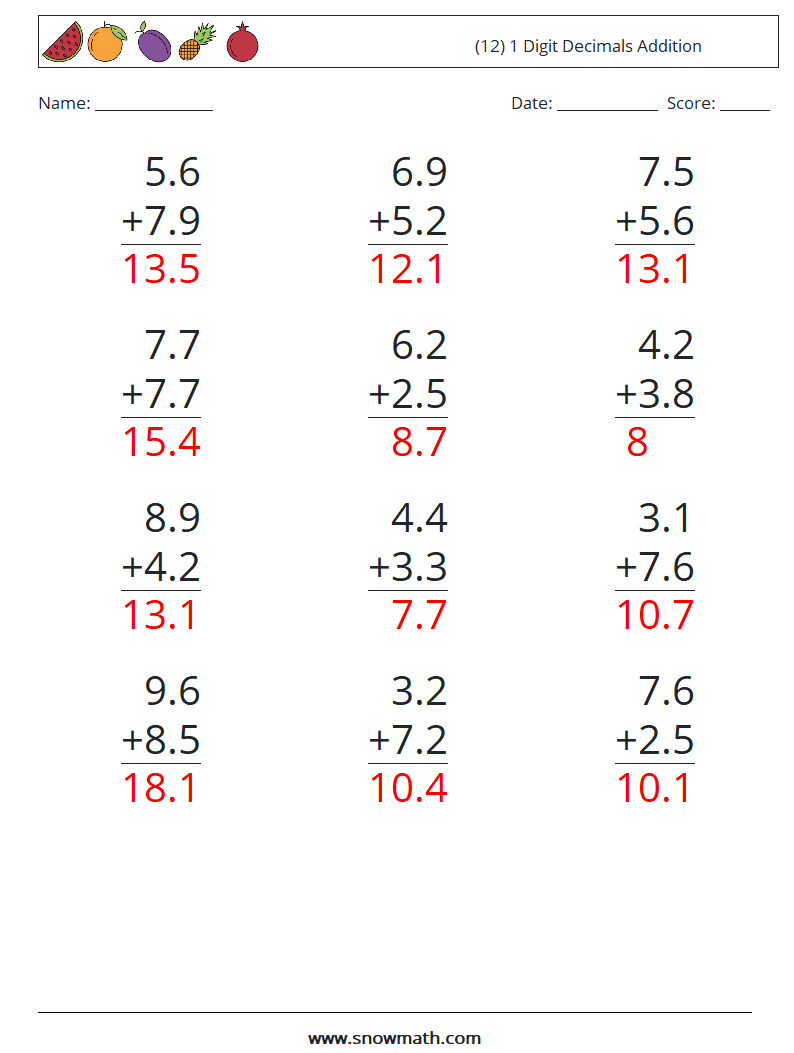 (12) 1 Digit Decimals Addition Math Worksheets 12 Question, Answer